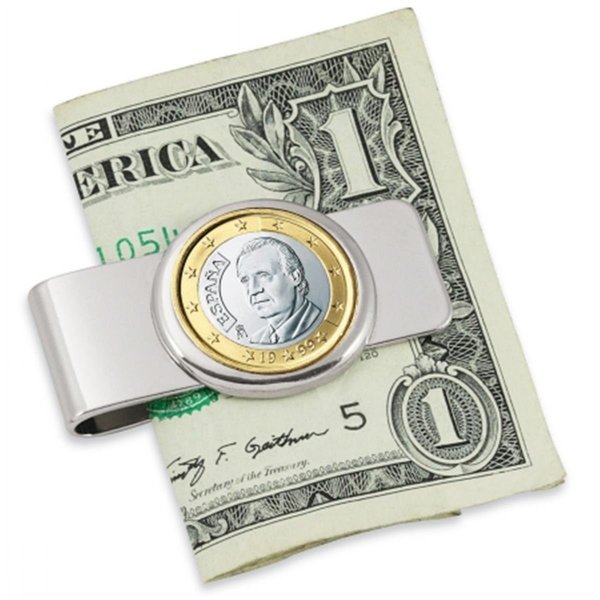 Upm Global Llc UPM Global LLC 12558 Spain King One Euro Coin Silvertone Money Clip 12558
